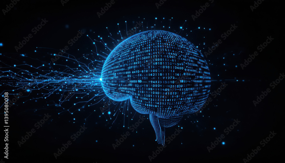 Poster a digital representation of a brain emitting data, symbolizing the fusion of technology and neurosci