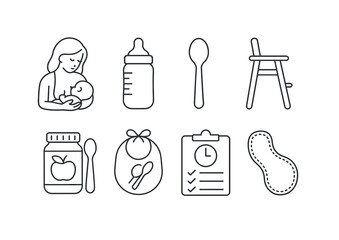 Essential baby feeding icons set in linear style for parenting and care needs