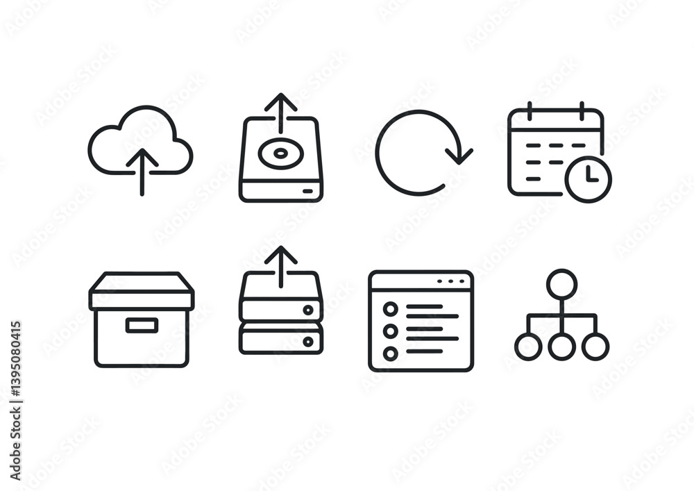 Poster cloud and data management icons set: linear style for digital interfaces