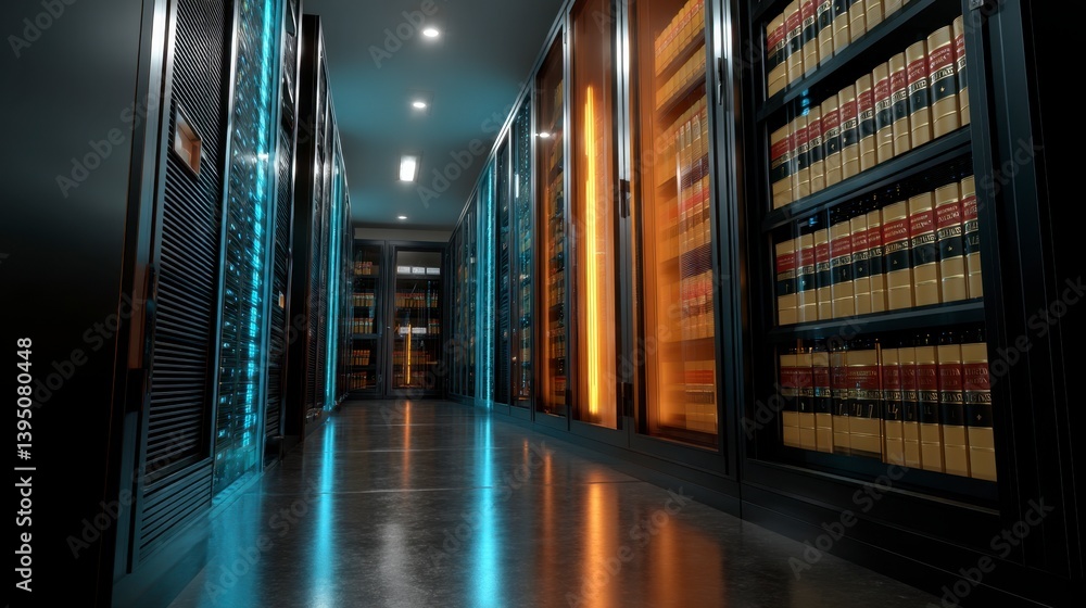 Poster dark corridor with rows of glowing server racks, reflecting on a polished floor. high tech data cent