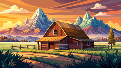 Mormon Row in Grand Teton National Park. A large, old barn sits in a field with a beautiful sunset in the background