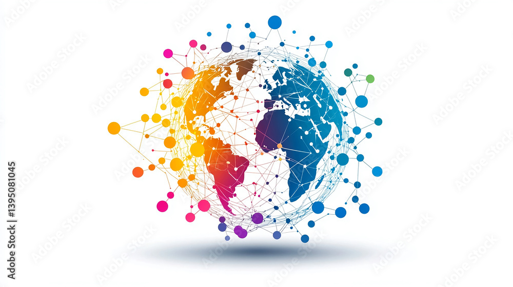 Poster global network connection technology background with colorful digital world connection design
