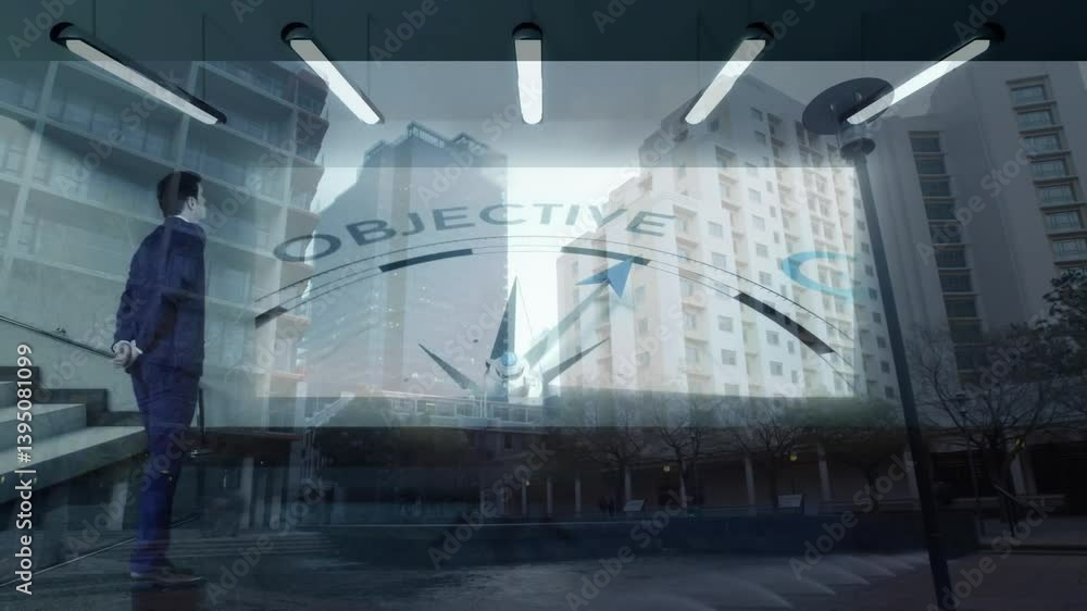 Poster businessman observing cityscape with active goal text and clock animation overlay