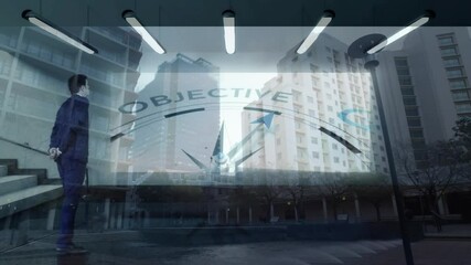 Businessman observing cityscape with Active Goal text and clock animation overlay - Powered by Adobe