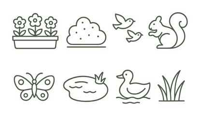 Linear nature icons set: squirrel, birds, flowers, pond, butterfly, duck and more