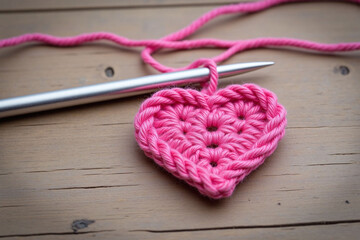 pink heart shaped crochet hook on a wooden surface