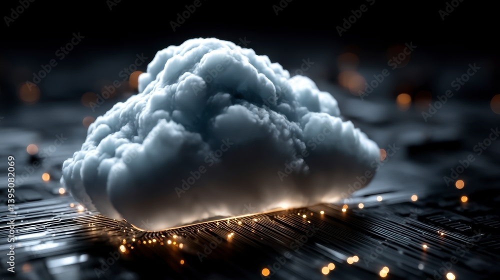 Poster a digital rendering of a cloud resting on a circuit board, illuminated with golden sparks. dark back