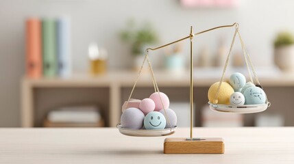 Balanced scale with stress balls and relaxation symbols, symbolizing emotional regulation and mental well-being