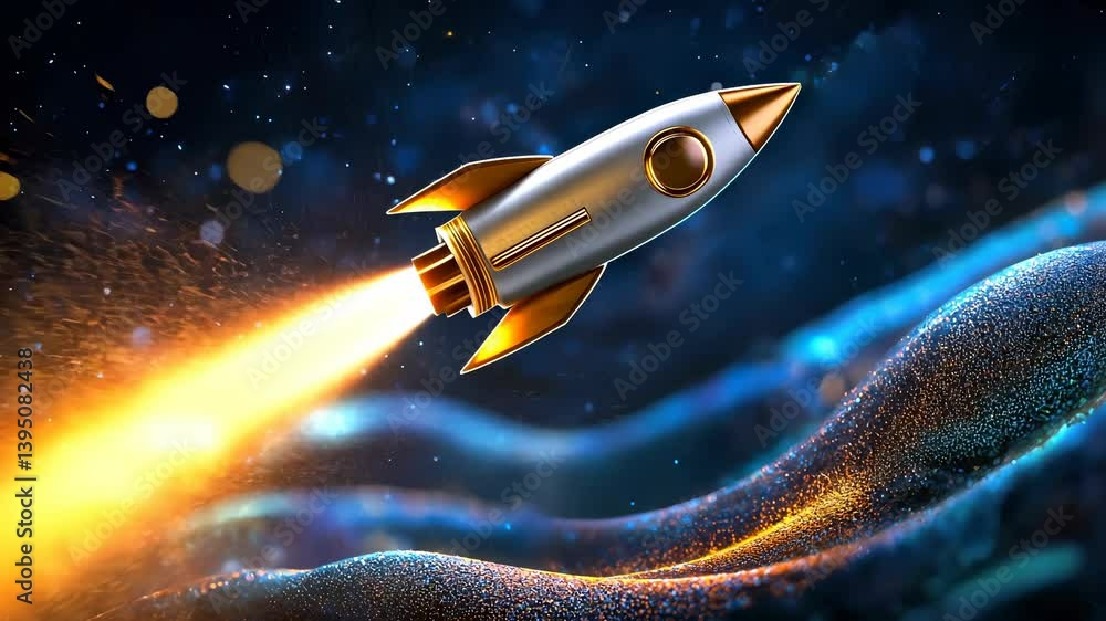 Poster light ship with a rocket launching, engine bulb symbolizing innovation and startup success dark back