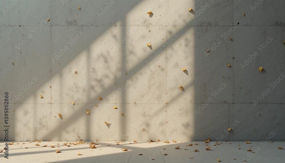 Poster sunlight casting shadows on a minimalist wall with floating leaves in an indoor space modern design 