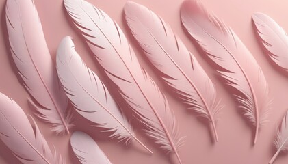 Soft pink goose feathers delicately layered on a pastel pink background, evoking elegance and serenity.