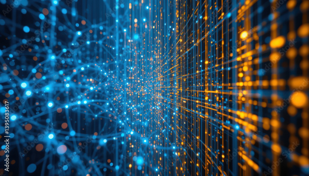 Poster a digital representation of interconnected networks of blue and orange particles, illustrating the c