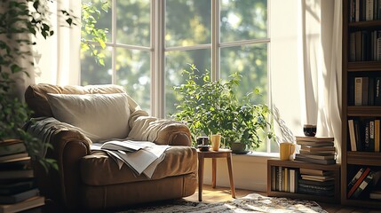 Fototapeta premium Sunlit corner. Cozy armchair, books, warm drinks.