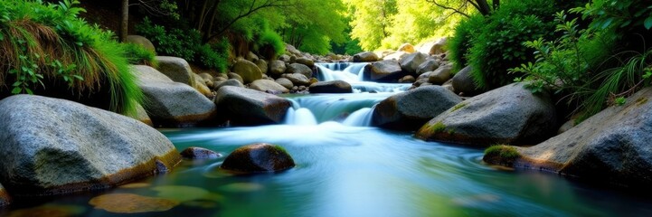 Soothing mountain stream with rocks and waterfalls, landscape, stream, serenity