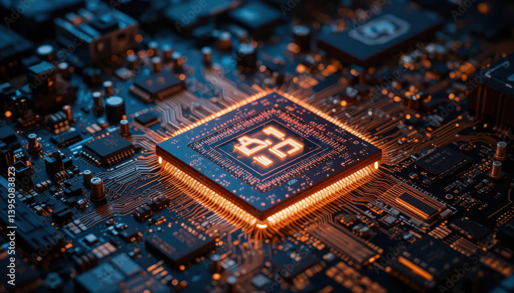 Poster a close-up view of a glowing microchip on a circuit board, showcasing intricate connections and tech