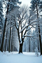 Tree isolated in a snowy forest with bare branches, forest, snow