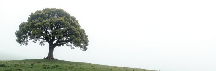 Tree isolated on white background with misty atmosphere, serene, solitary