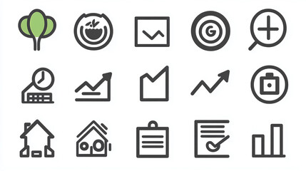 Business growth analytics data report icons set vector illustration for marketing and finance strategy