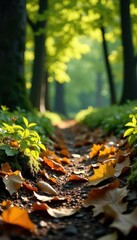 Tree leaves and branches scattered on the ground, forest floor, earthy tone