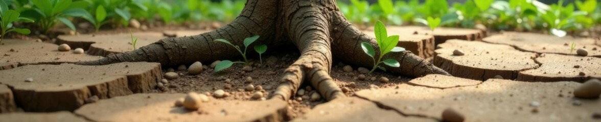 Tree roots bursting through cracked earth surface, nature, erosion, earth