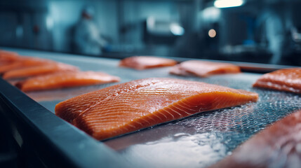 Close-up of orange salmon fillets on conveyor belt, showcasing food processing industry, clean and efficient production line, fresh seafood concept
