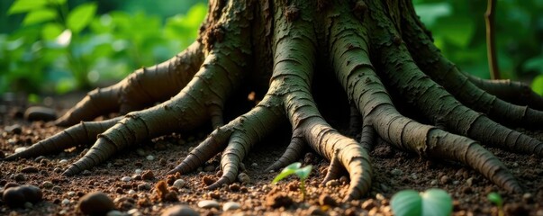 Tree roots exposed in the soil on a rustic wooden background, forest floor, exposed tree roots, organic form