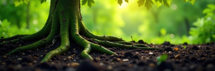 Tree roots stretch under the surface of the ground, soil, peaceful, root
