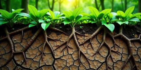 Tree roots on cracked dry soil surface with green leaves above, texture, botanical, trees