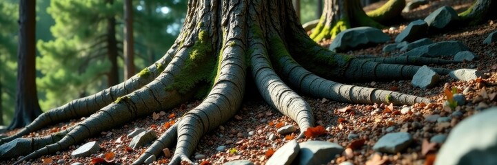 Tree trunk and roots exposed in a rocky outcropping, untamed, trees, tree