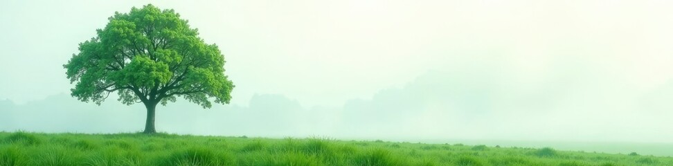 Tree with a hint of mist in the background against white, calm, mist, green