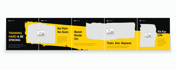 Gym Social Media Banner Template. Fitness Carousel Template Design. Instagram Carousel Template, Sports carousel template for social media.