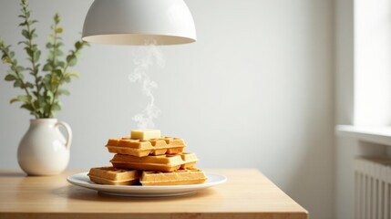 Warm, Buttery Waffles Steaming Beneath a Gentle Lamplight on a Simple Table