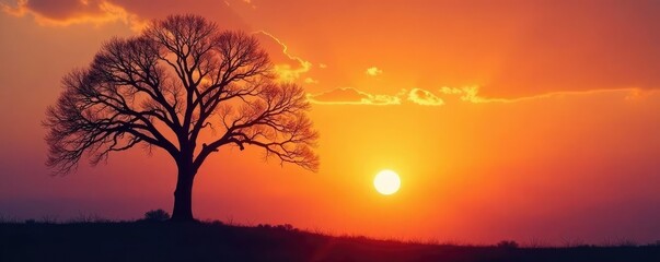 Tree with bare branches against a bright sunset sky, isolated, natural