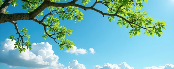 Tree with delicate branches and leaves against a blue sky, clouds, leafy branches
