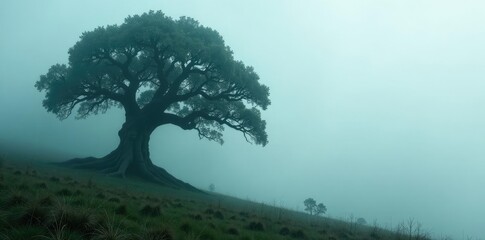 Tree with gnarled branches in a misty environment, wild, mist, fog