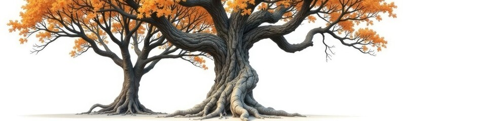 Tree with gnarled branches isolated on white background, bark, tree, isolation