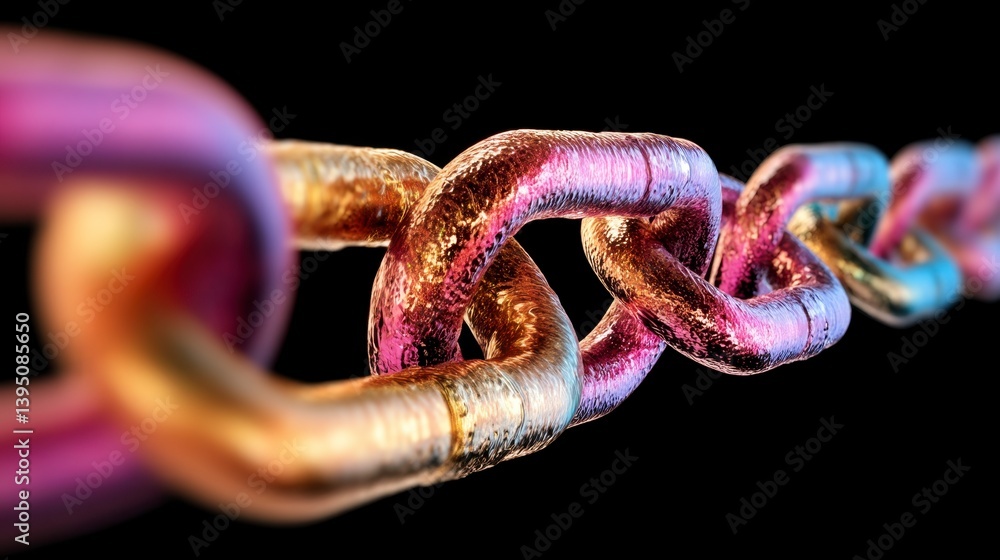 Poster close up of a metallic chain with a textured, glittery surface, showing links in gold, purple and pi