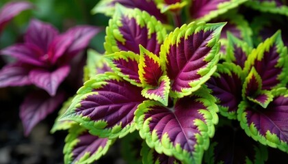 Colorful coleus with striking green leaves and deep purple foliage, plants, leafy
