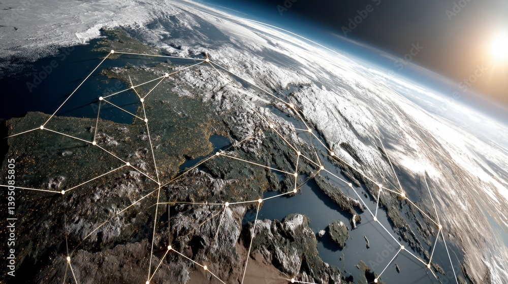 Aufkleber global network connections at night, viewed from space. illuminated cities and connecting lines visi