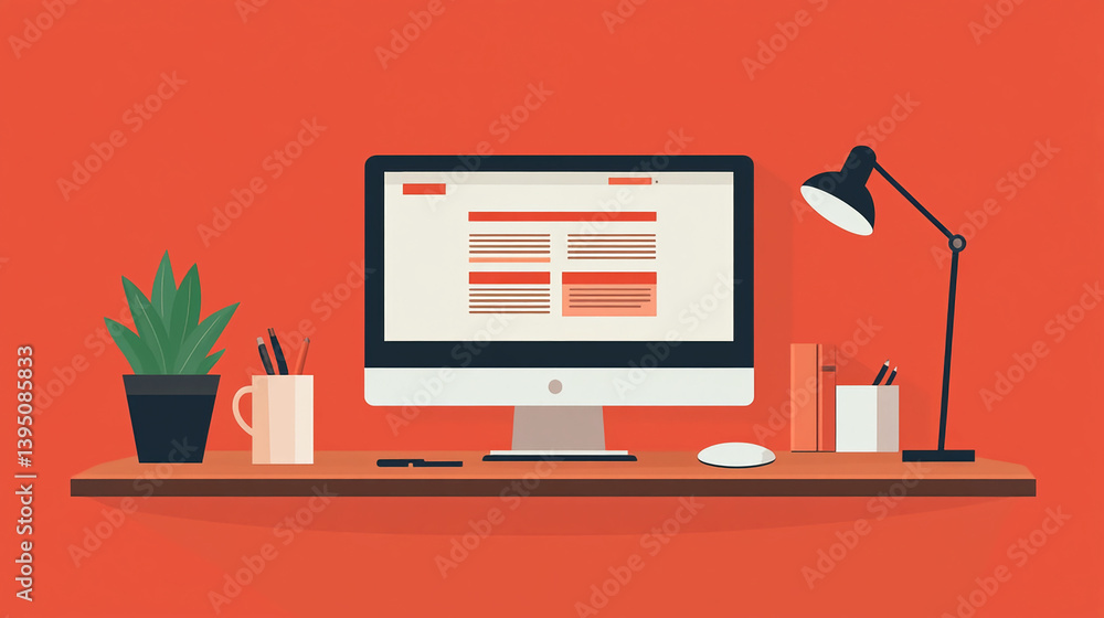 Poster flat design home office setup with computer monitor desk lamp and plant for remote work productivity
