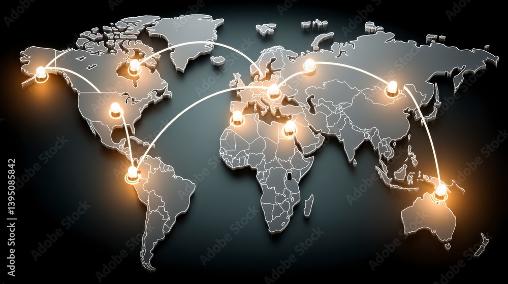 Poster global network connection, illuminated nodes on a metallic world map against a dark background.
