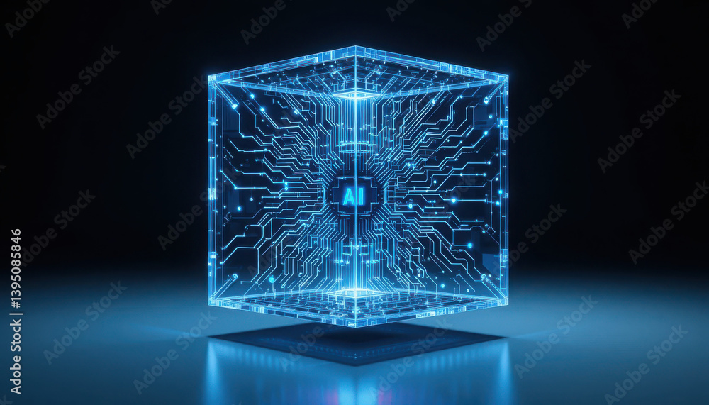 Poster a glowing blue cube with intricate circuitry, symbolizing artificial intelligence and technological 