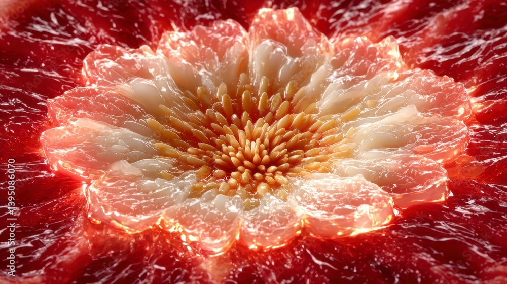 Poster abstract close up of a glowing flower like structure with red and white petals and a textured center