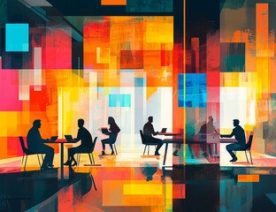 Coworking space, office, co-working, meeting, business, open office, abstract illustration