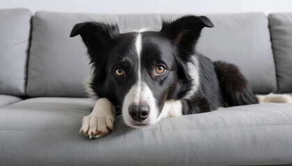 a black and white Border Collie dog lying on the sofa