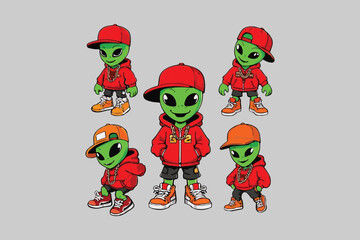 Obraz premium Five Cool Cartoon Aliens Wearing Hoodies and Baseball Caps