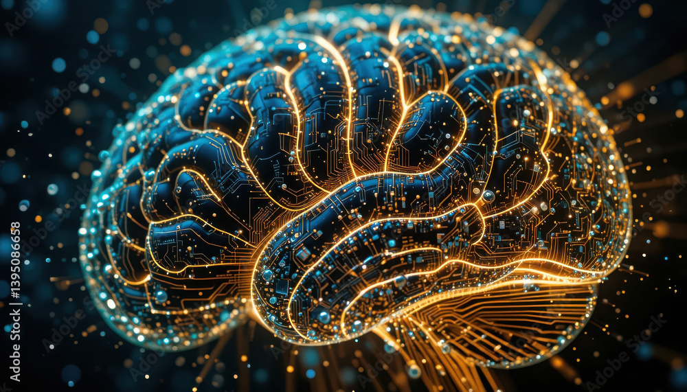 Poster a visually striking representation of a brain composed of glowing circuitry, symbolizing intelligenc