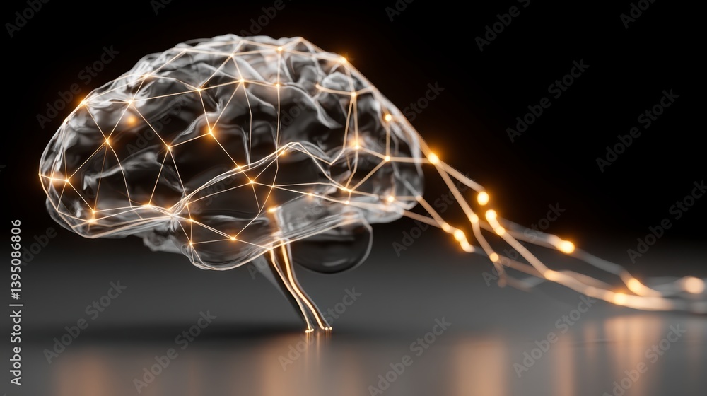 Poster abstract 3d rendering of a brain with glowing neural connections, dark background, reflective surfac