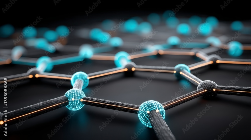 Poster abstract 3d rendering of a microscopic network, glowing nodes connected by hexagonal structures.