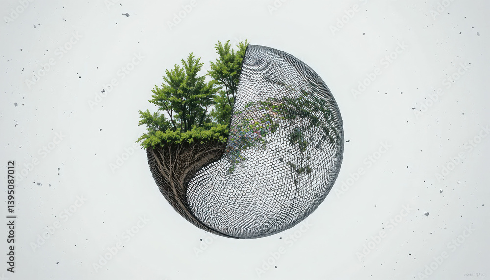 Poster a surreal illustration of a tree growing from a spherical mesh, symbolizing the connection between n